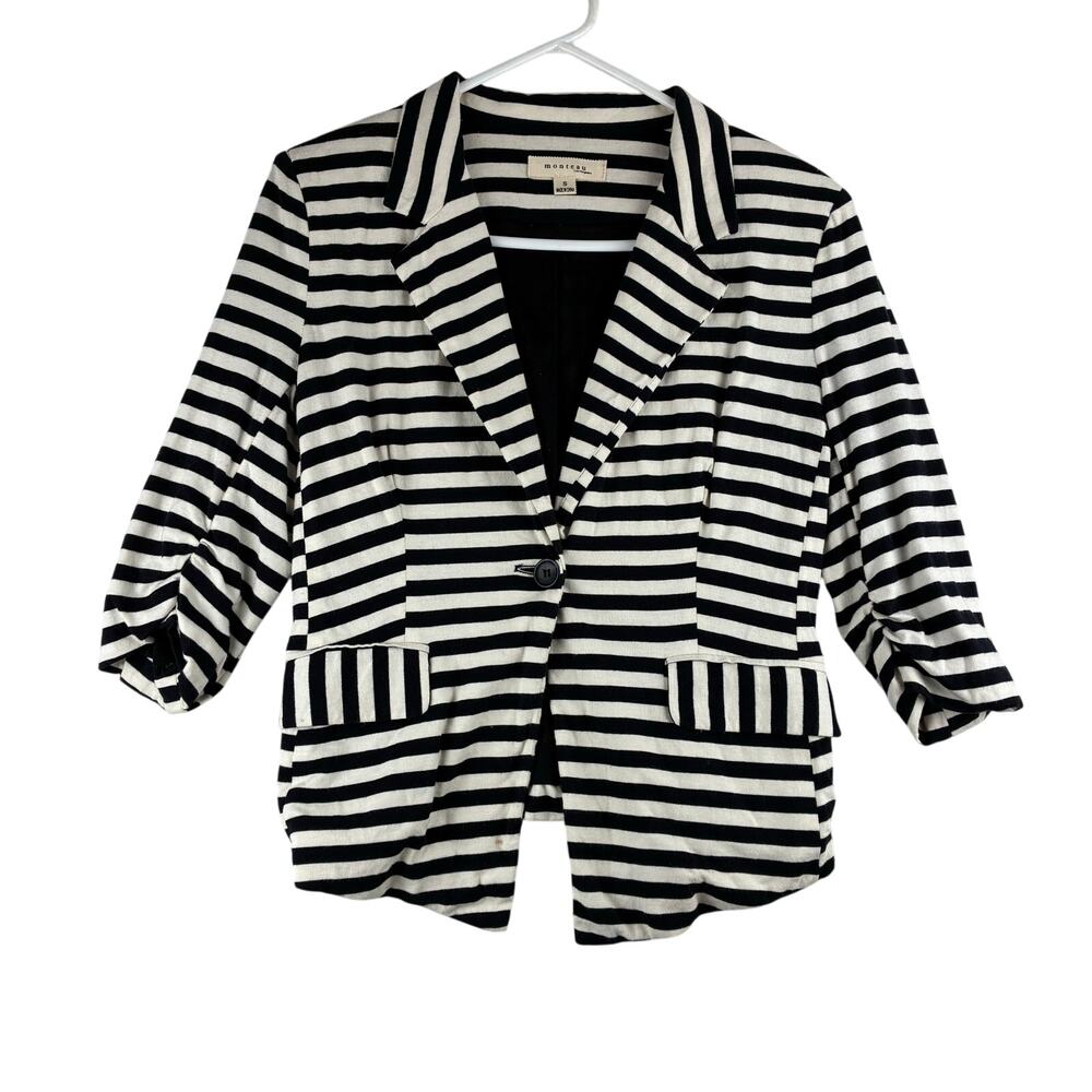 Monteau Blazer Style Jacket Women's Small Black& White Stripe Ruched 3/4 Sleeves